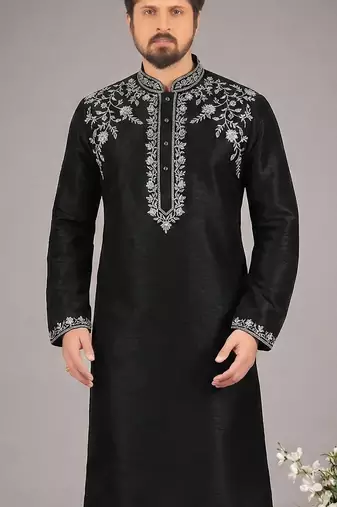 Black embroidered dupion silk kurta