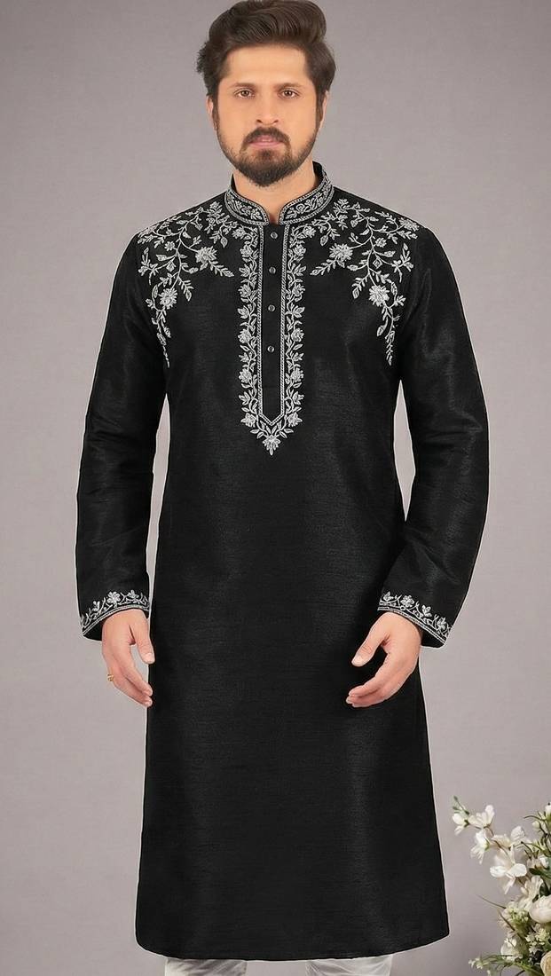 Black embroidered dupion silk kurta