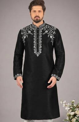 Black embroidered dupion silk kurta 1