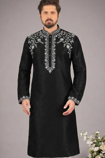 Black embroidered dupion silk kurta