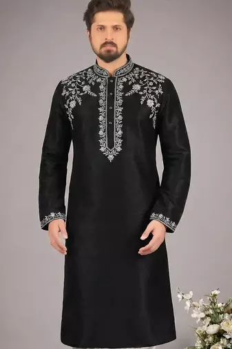 Black embroidered dupion silk kurta