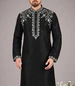 Black embroidered dupion silk kurta