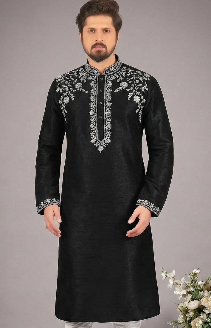 Black embroidered dupion silk kurta