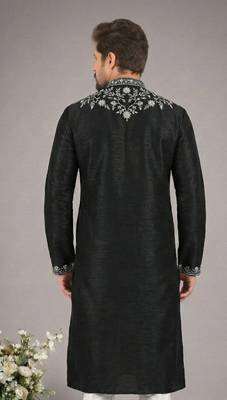 Black embroidered dupion silk kurta 2