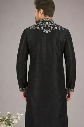 Black embroidered dupion silk kurta