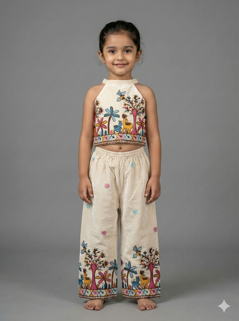 Offwhite embroidered halter top palazzo co-ord set for kids