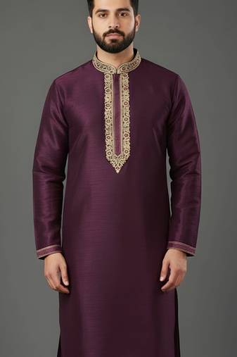 Purple embroidered dupion silk kurta