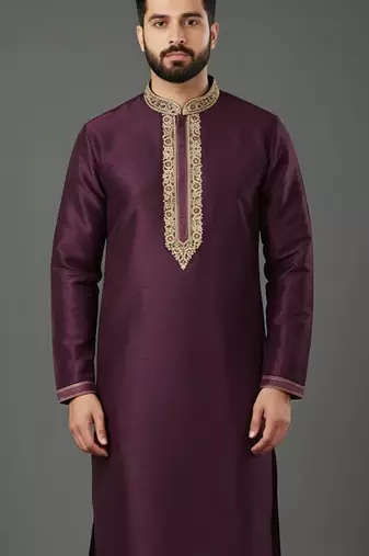 Purple embroidered dupion silk kurta