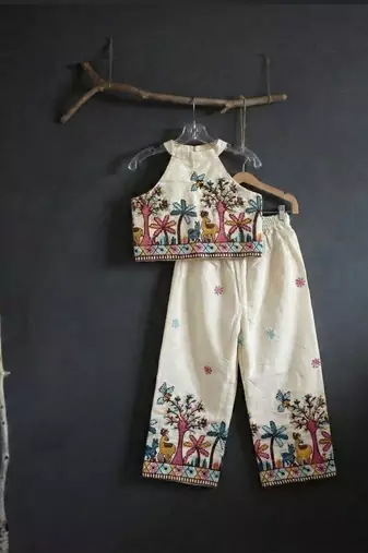 Offwhite embroidered halter top palazzo co-ord set for kids
