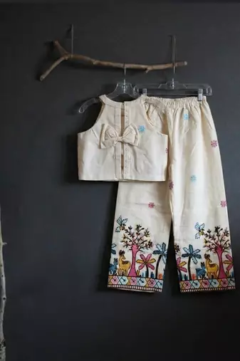 Offwhite embroidered halter top palazzo co-ord set for kids
