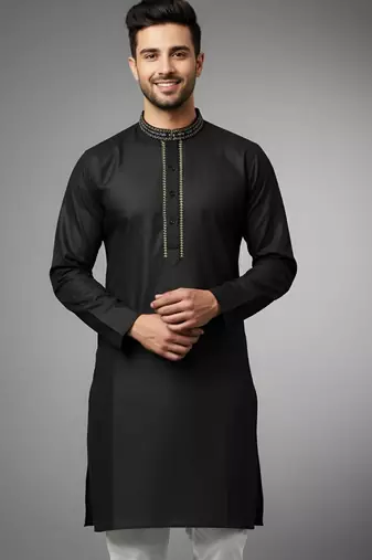Black embroidered cotton kurta
