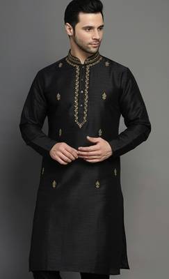 Black embroidered dupion silk kurta 1