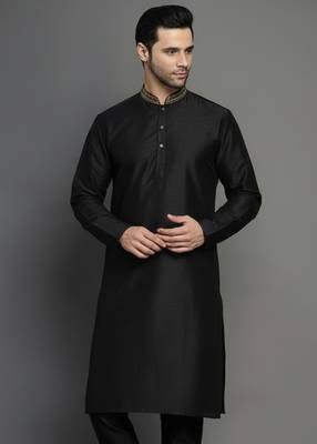 Black embroidered dupion silk kurta 1
