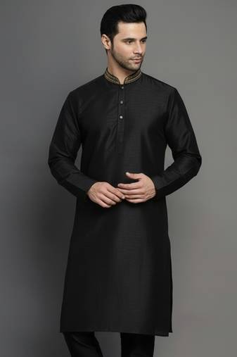 Black embroidered dupion silk kurta