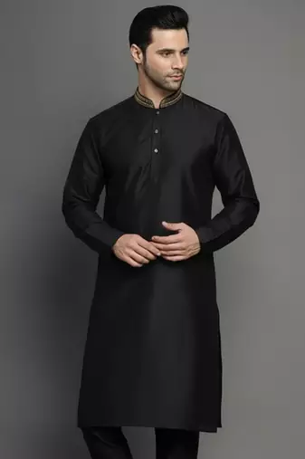 Black embroidered dupion silk kurta
