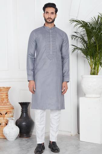 Grey linen cotton kurta for men
