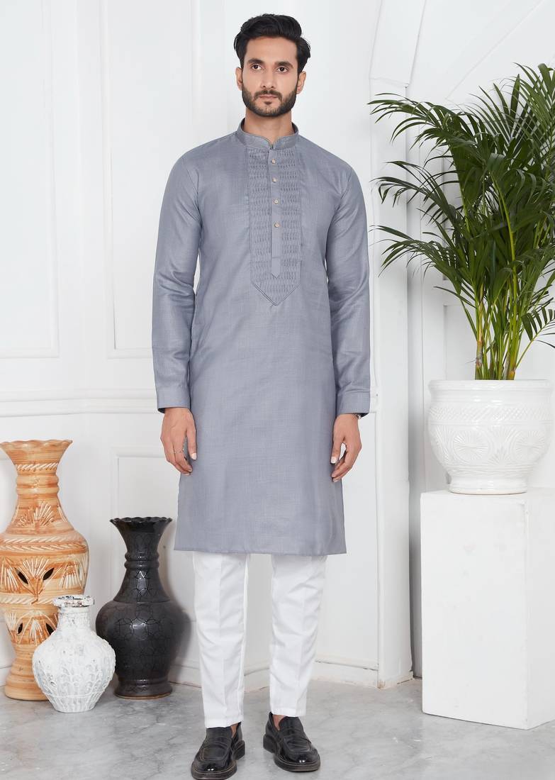 Grey linen cotton kurta for men