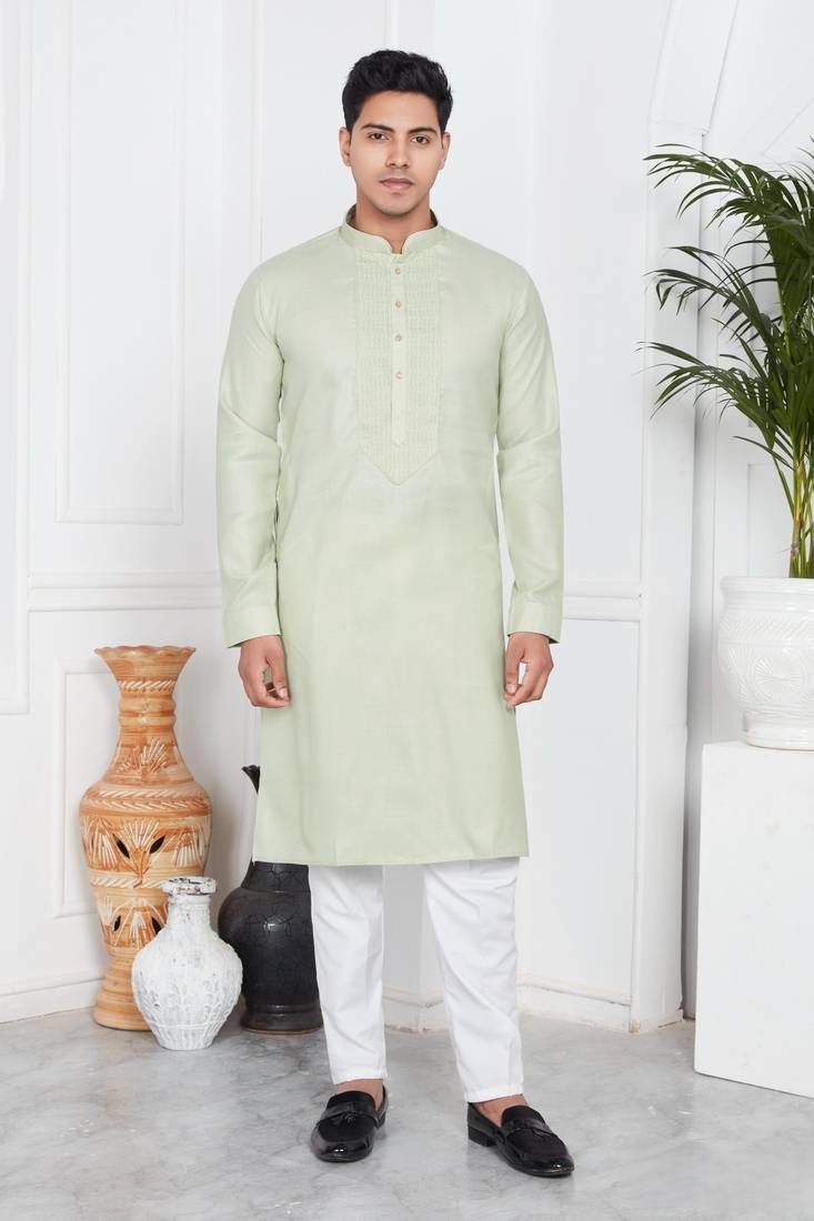 Pista green linen cotton kurta for men
