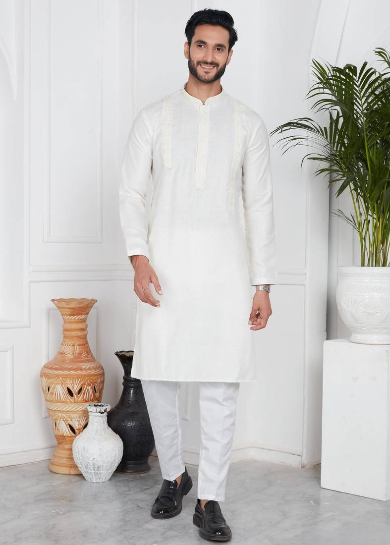 Cream linen cotton kurta for men