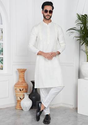 Cream linen cotton kurta for men 2