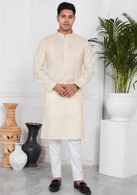 Beige linen cotton kurta for men 1