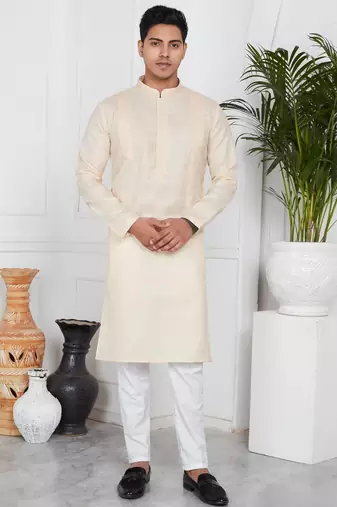 Beige linen cotton kurta for men