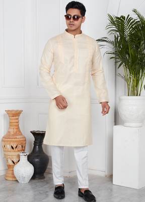 Beige linen cotton kurta for men 2