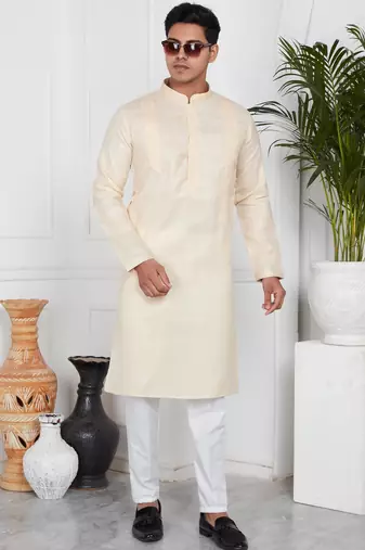 Beige linen cotton kurta for men