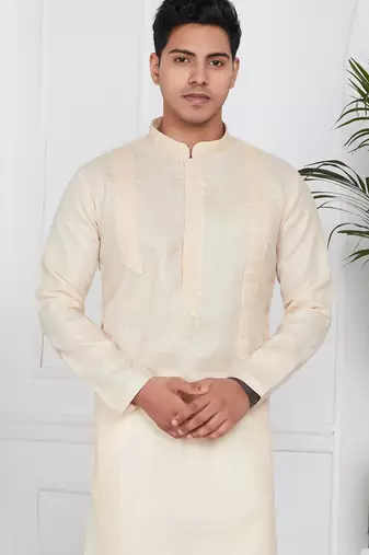 Beige linen cotton kurta for men