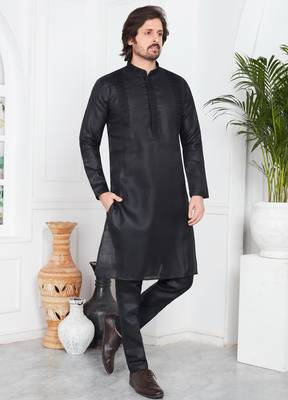 Black linen cotton kurta for men 1
