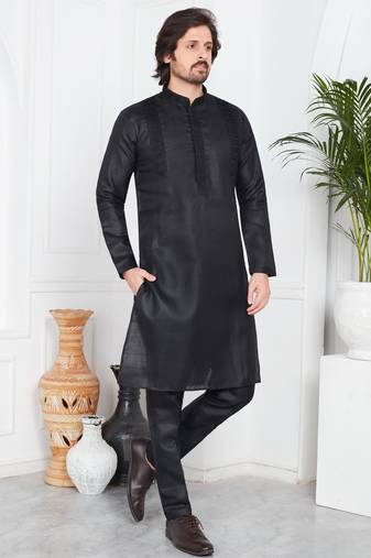 Black linen cotton kurta for men