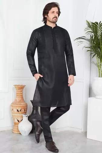 Black linen cotton kurta for men