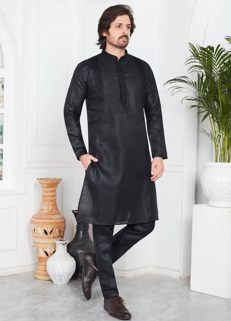 Black linen cotton kurta for men