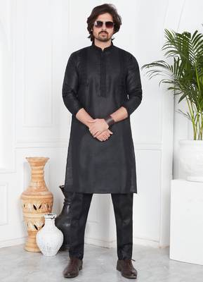 Black linen cotton kurta for men 2