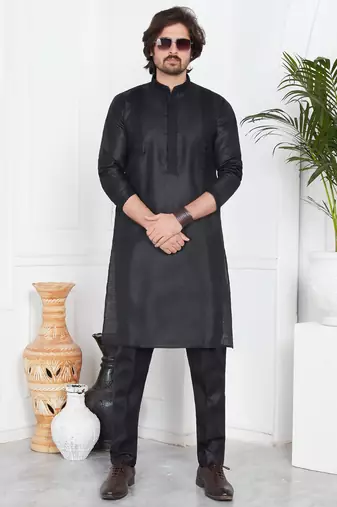 Black linen cotton kurta for men