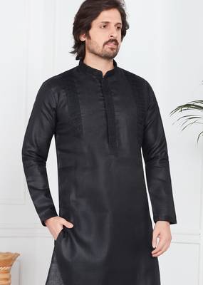 Black linen cotton kurta for men 3