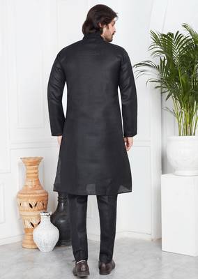 Black linen cotton kurta for men 4