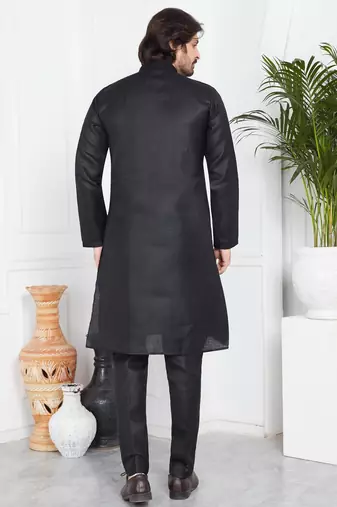 Black linen cotton kurta for men