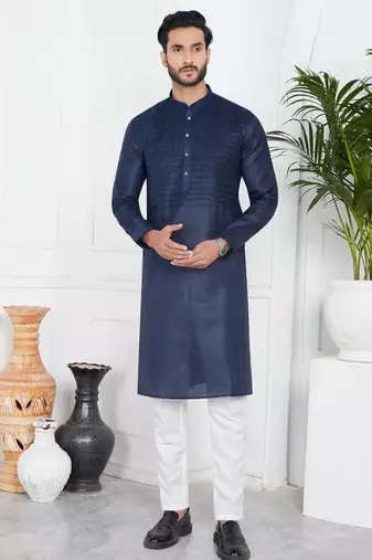 Blue linen cotton kurta for men