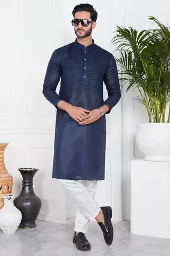 Blue linen cotton kurta for men