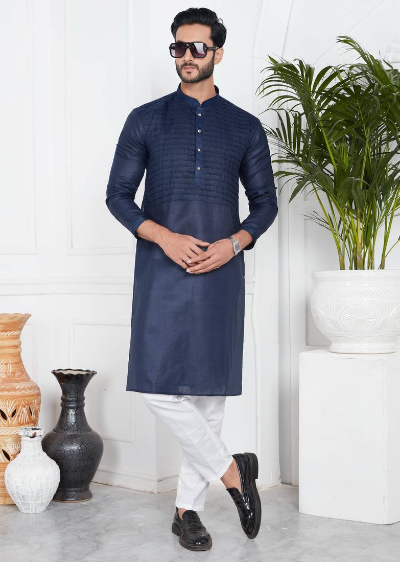 Blue linen cotton kurta for men