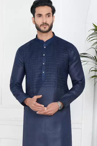 Blue linen cotton kurta for men