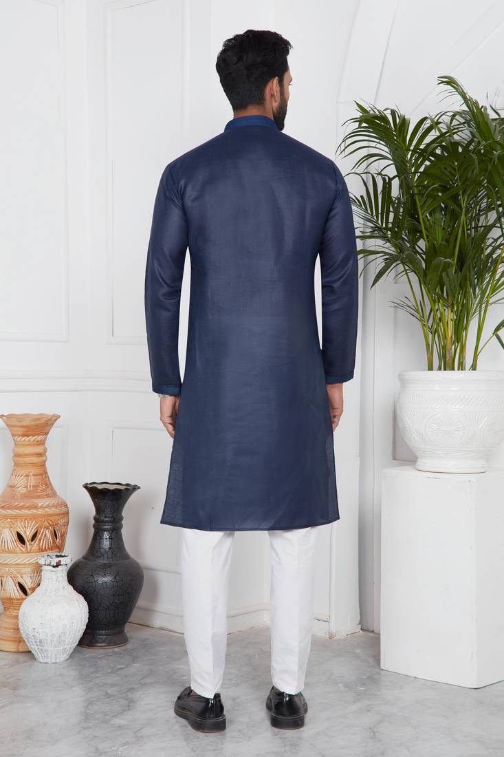 Blue linen cotton kurta for men