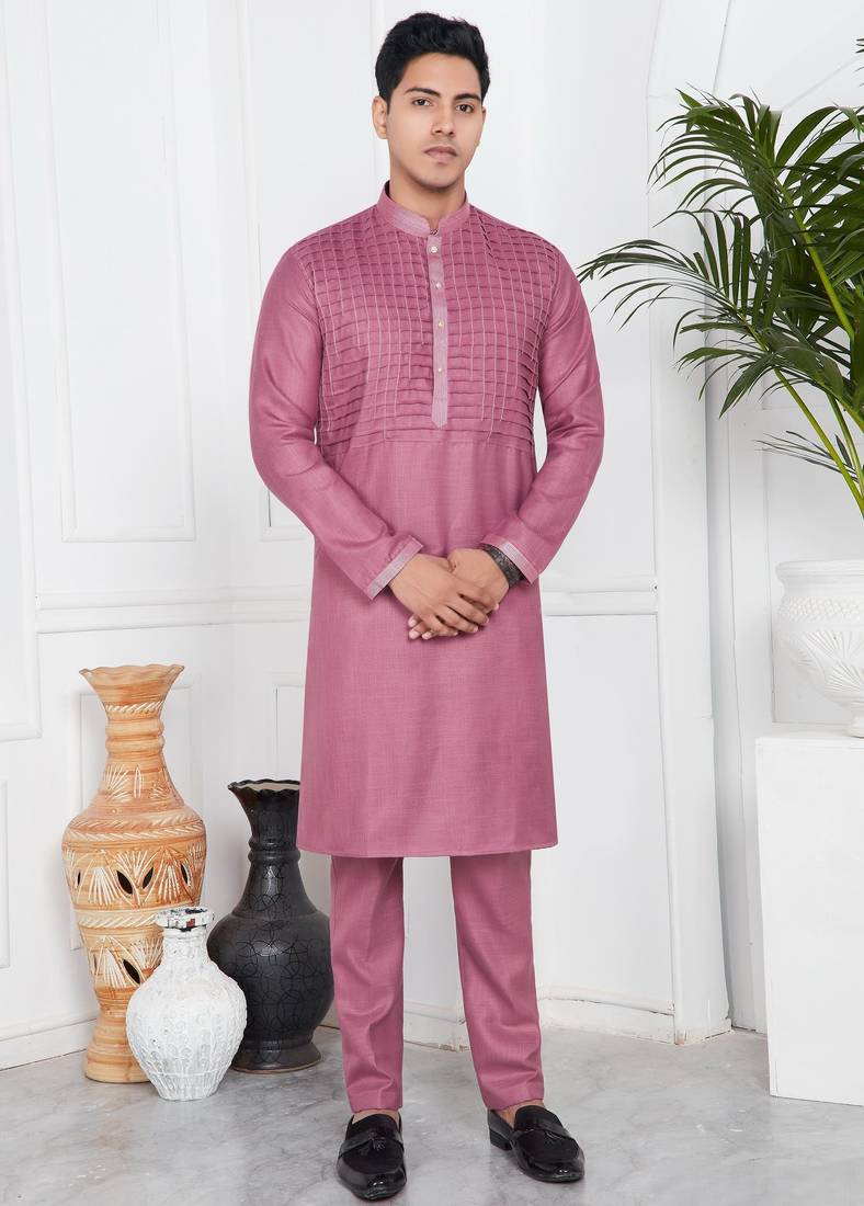 Pink linen cotton kurta for men