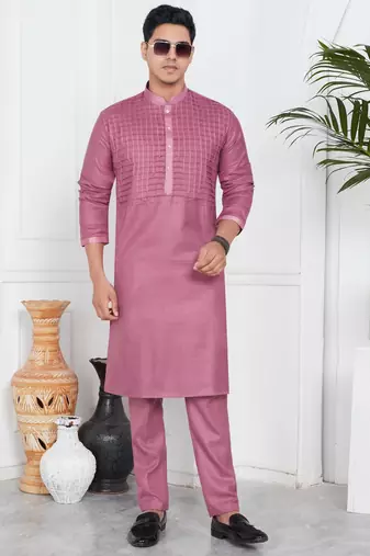 Pink linen cotton kurta for men