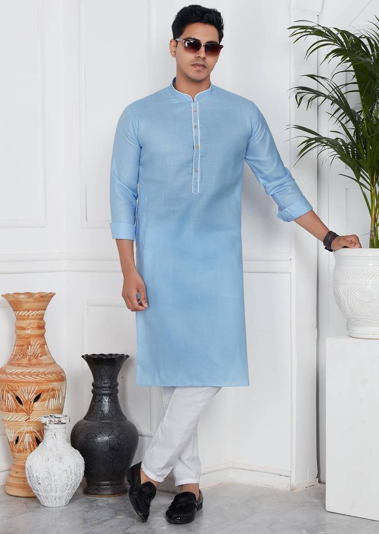 Sky blue linen cotton kurta for men