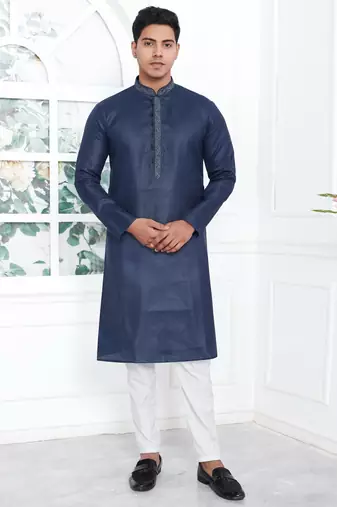 Blue linen cotton kurta for men