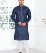 Blue linen cotton kurta for men