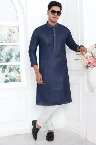Blue linen cotton kurta for men