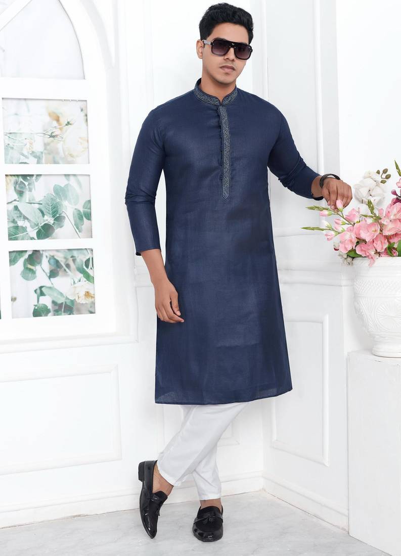 Blue linen cotton kurta for men